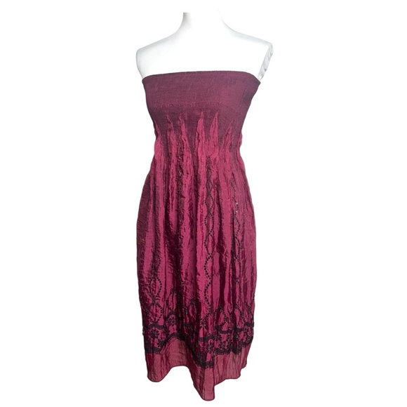 Lapis Convertible Skirt Dress Burgundy Beaded Sequin Whimsigoth Boho Smocked - Picture 3 of 10